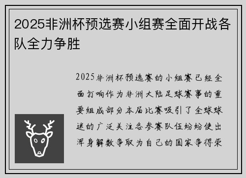 2025非洲杯预选赛小组赛全面开战各队全力争胜